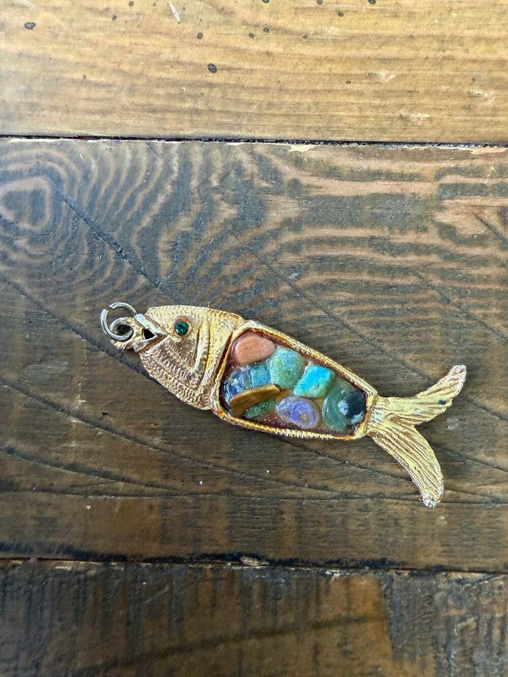 Vintage Gold Tone Fish Pendant with Mixed Gemstone Inlay
